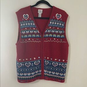 Vintage Cozy Red Wool Knit Vest with Heart Pattern